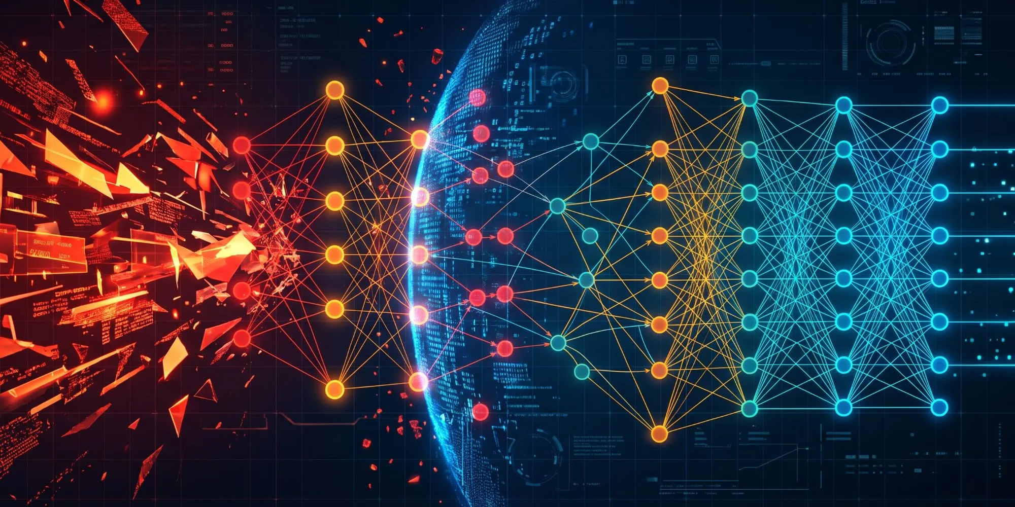 A network of glowing points and lines, broken and red on the left, ordered and blue on the right