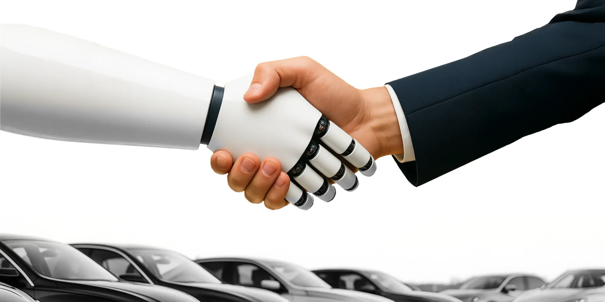A robot hand shaking a human hand above a row of cars