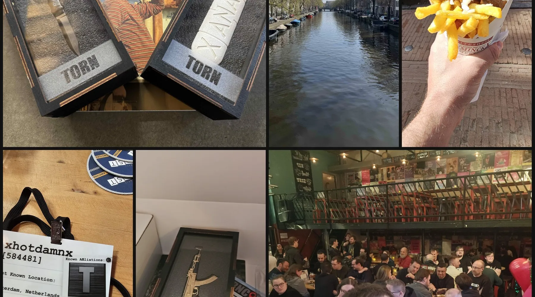 Montage from Torncon in Amsterdam: 3D-printed Torn items, a canal, chips, and the crowd at the venue