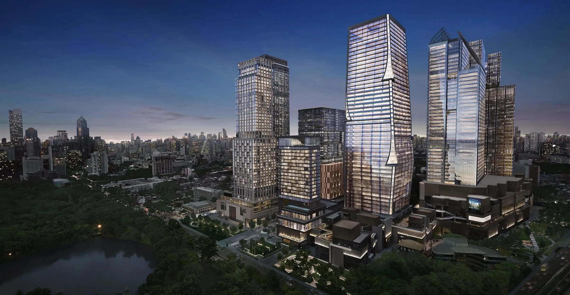 Aerial render of the One Bangkok district and its park
