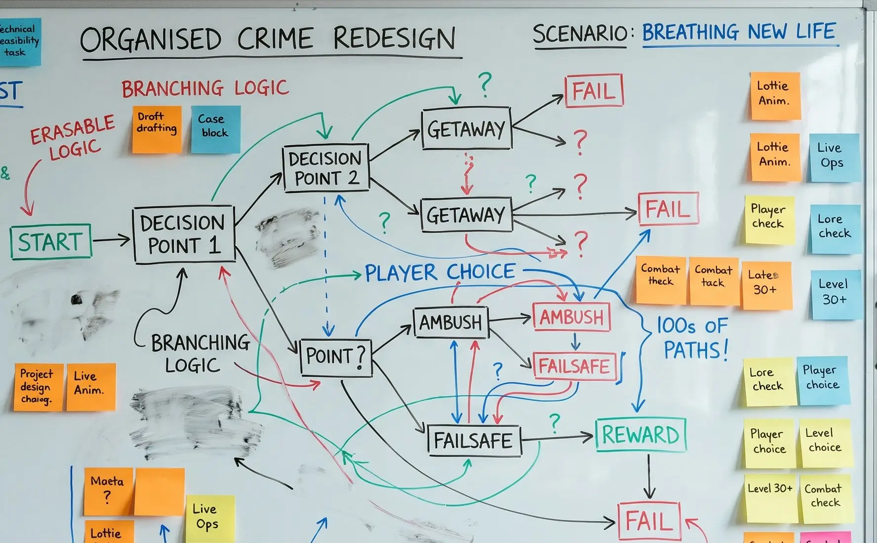 A whiteboard mapping the Organised Crime redesign, from decision points to getaways, ambushes and rewards